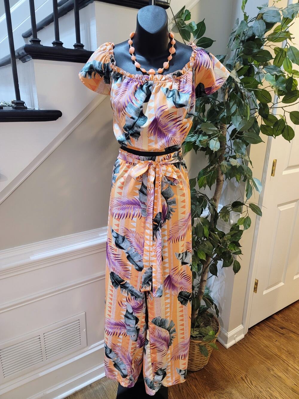 Shein Co-Ord Set Women's SZ 1XL Multicolor Tropical Pleated Frill Neck Belt Loop